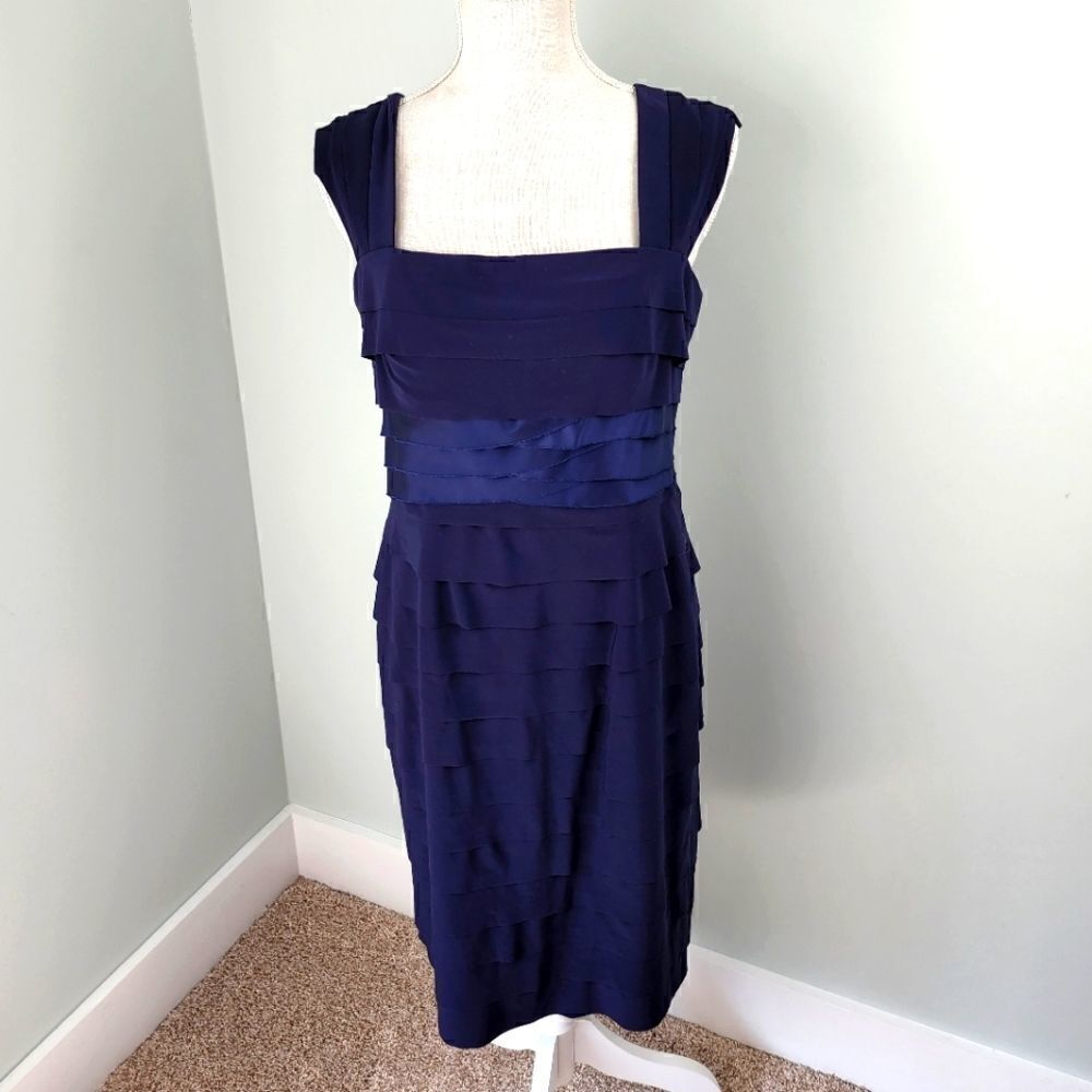 JONES NY WOMEN'S LAYERED TIERED RUFFLE SHEATH NAVY BLUE DRESS SIZE 10